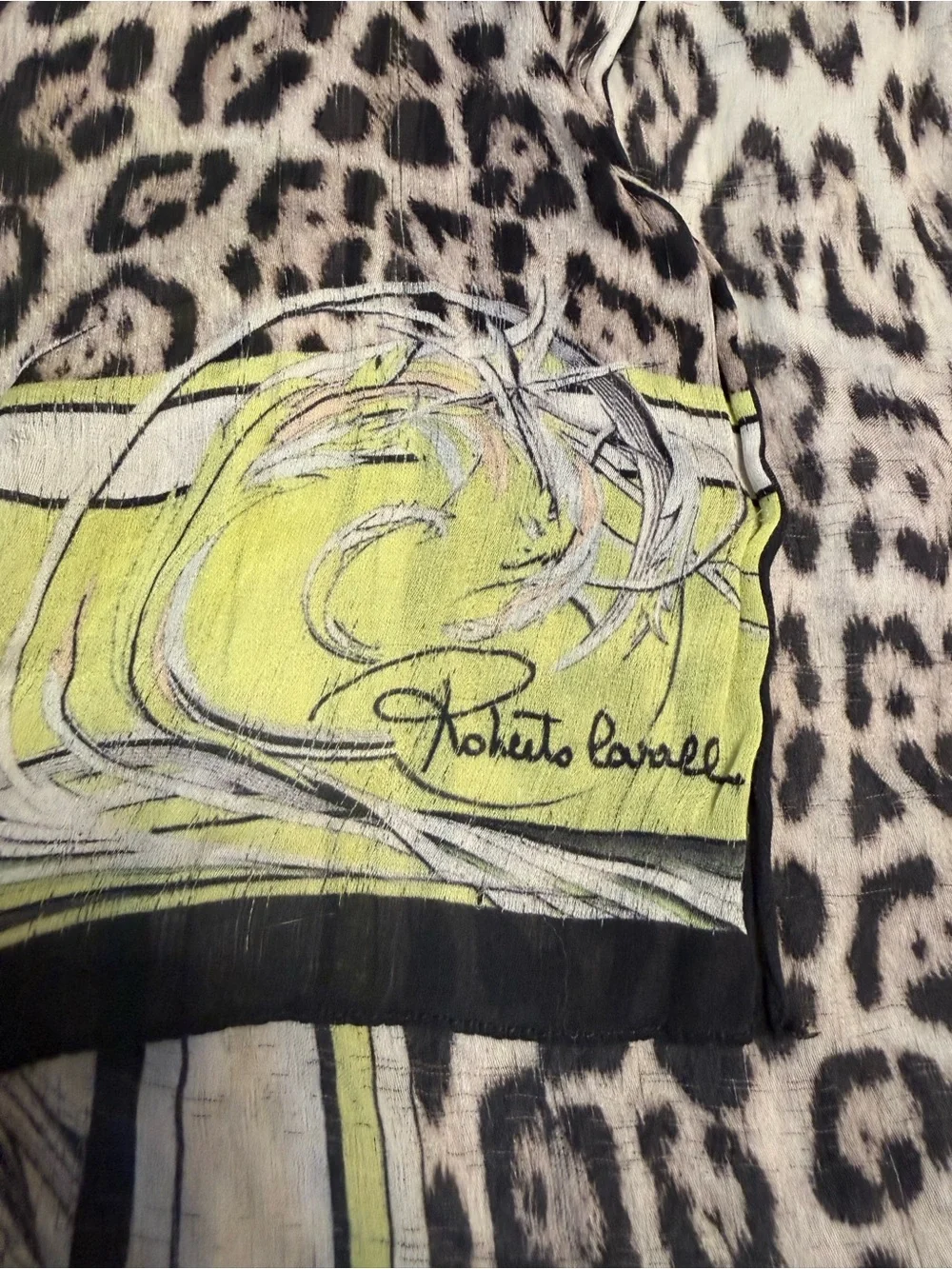 Vintage Roberto Cavalli Animal Print & Neon Trim Scarf